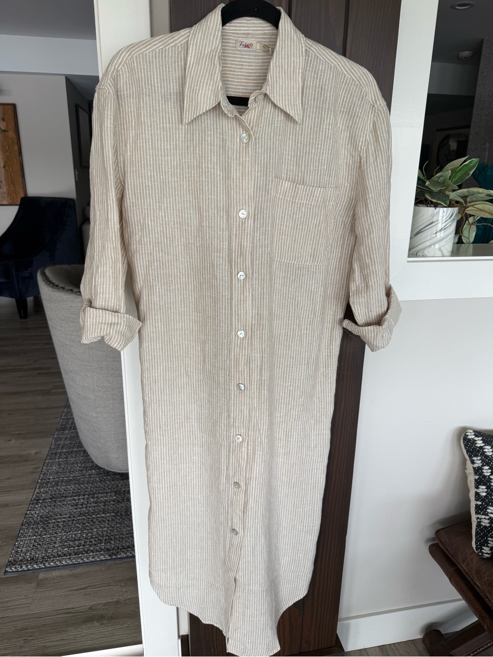 Faherty Laguna Linen Stripe Maxi Shirt Dress in Golden Sun Stripe, size small - Picture 3 of 7